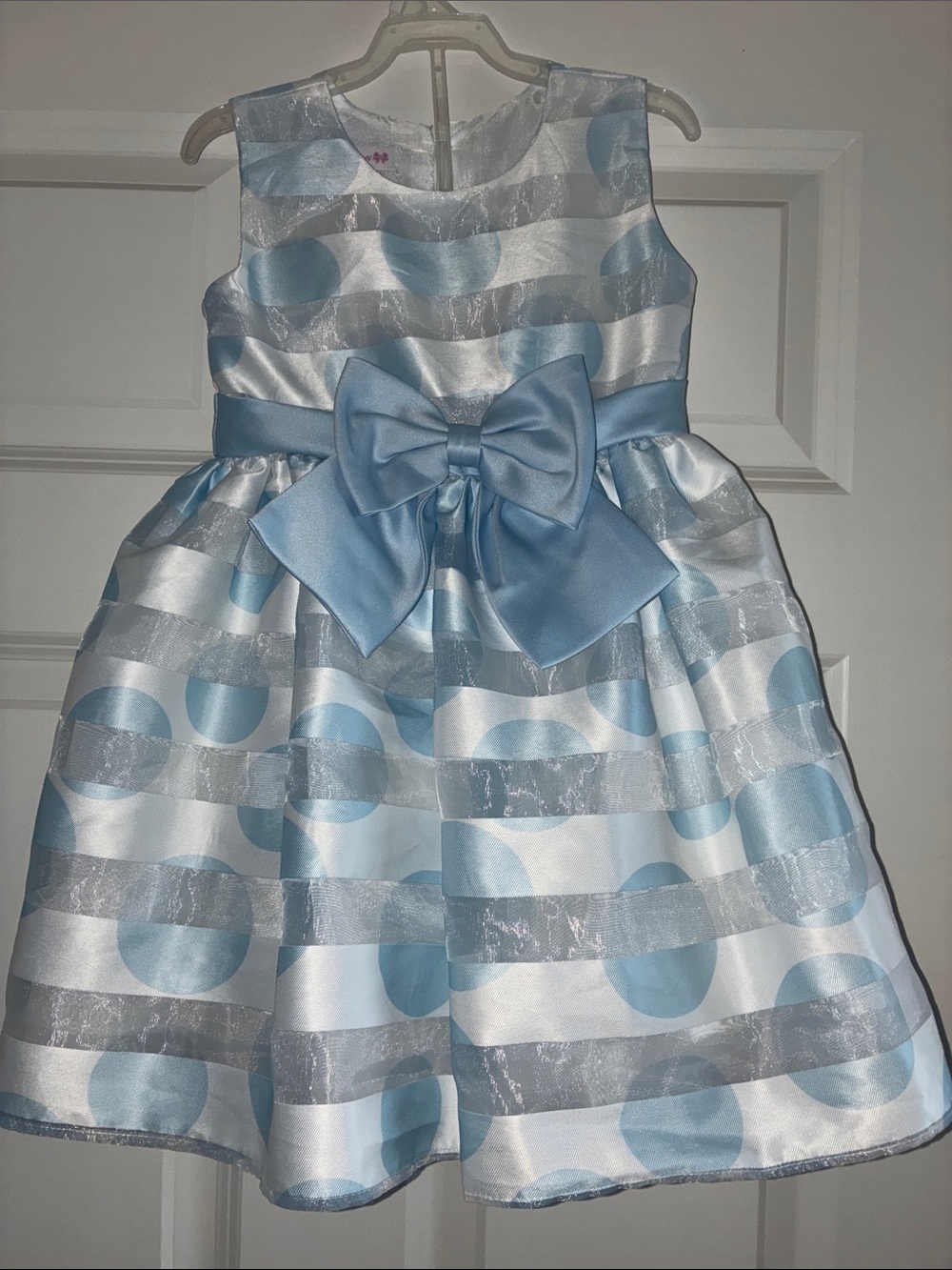 Bonnie Jean Light Blue & White Satin Polka Dot Dress with Bow 4T